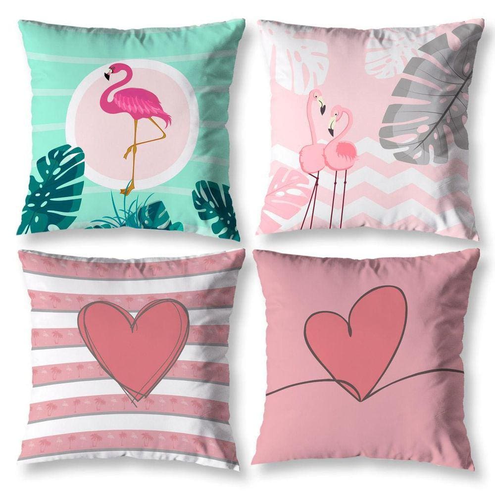 Kit 4 Capas De Almofada Sala 40Cm X 40Cm Estampadas Flamingo