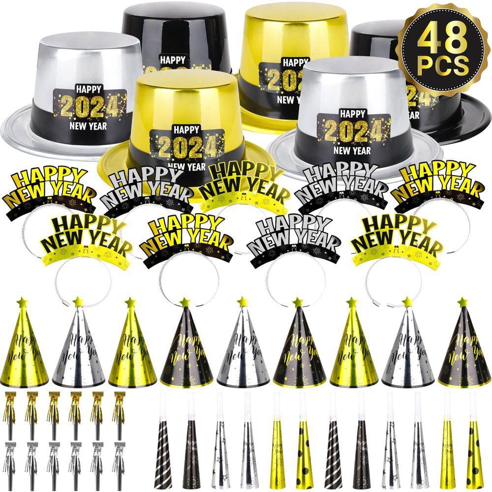 Suprimentos de festa Heartome New Year 2024 para 24 pessoas 48 unidades