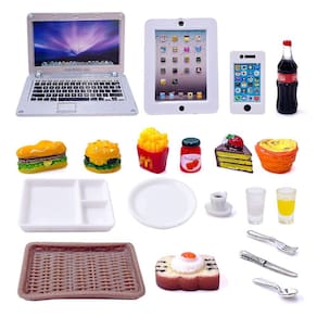 Laptop em miniatura, tablet, telefone de brinquedo, conjunto de alimentos x20