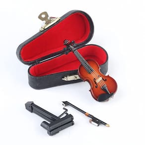 Violino em miniatura Dselvgvu de madeira com suporte, laço e estojo de 8 cm