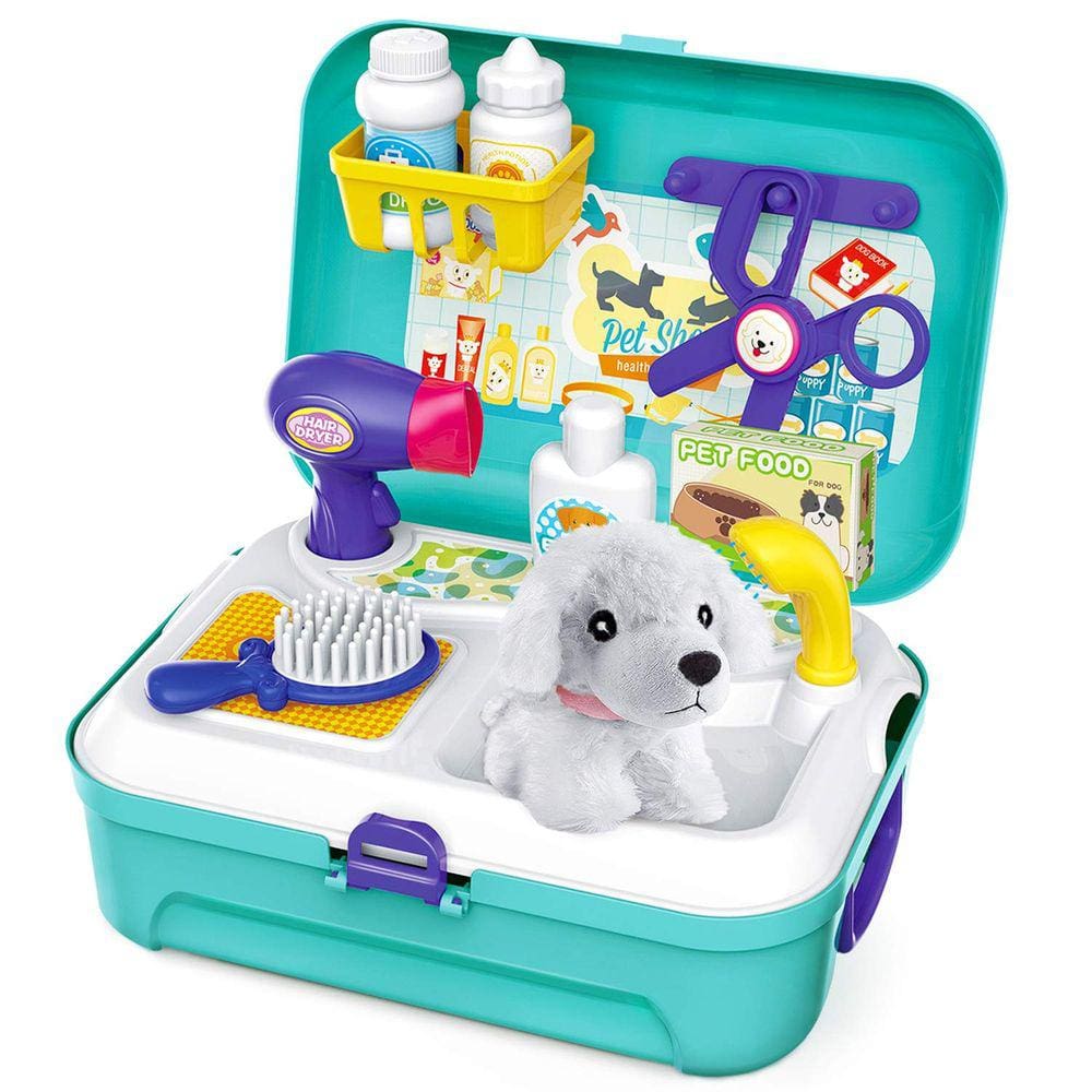 Conjunto de brincadeiras para animais de estimação, kit de cuidados com cães e mochila, kit veterinário para crianças
