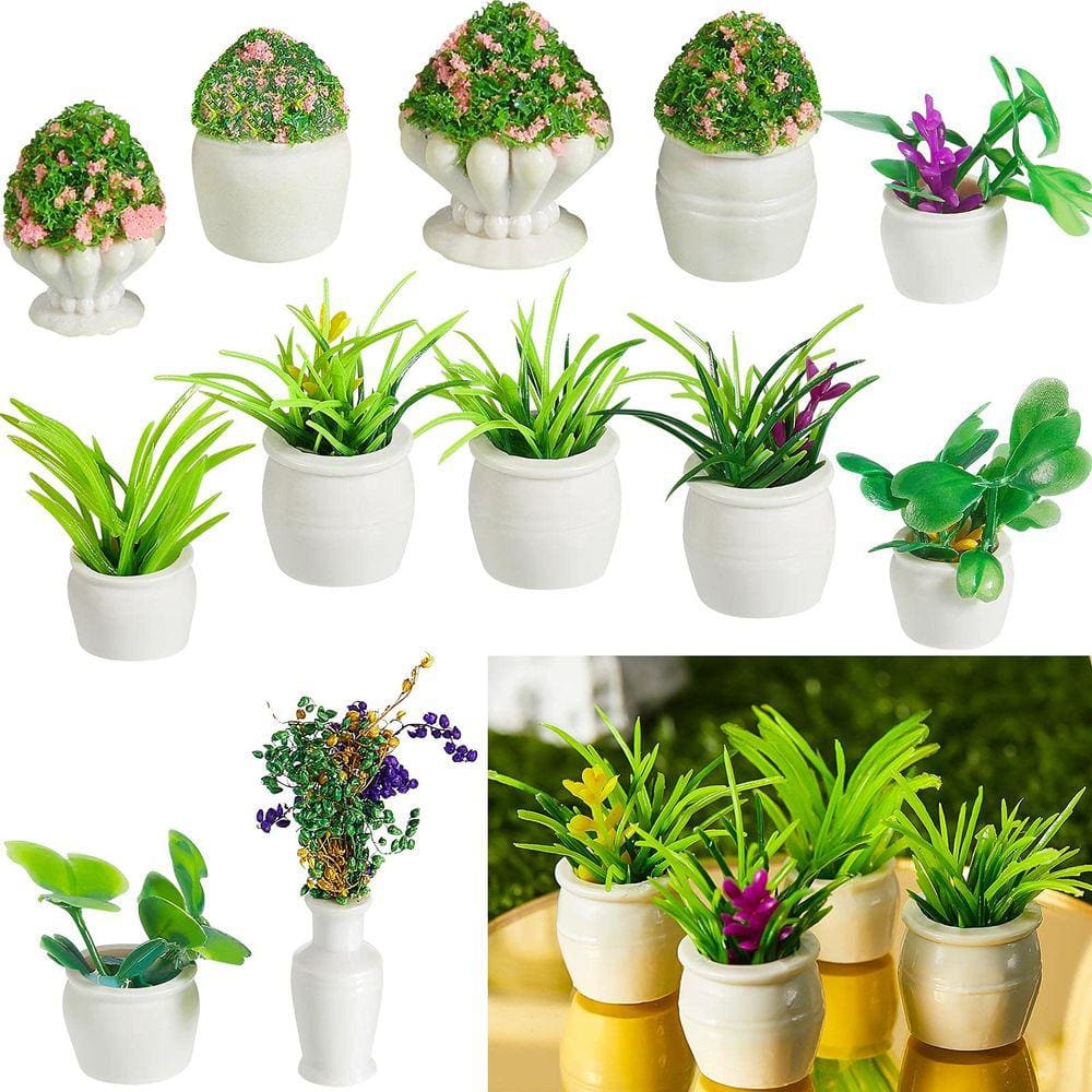 Mini conjunto de plantas em vaso de flores de casa de bonecas em miniatura x12