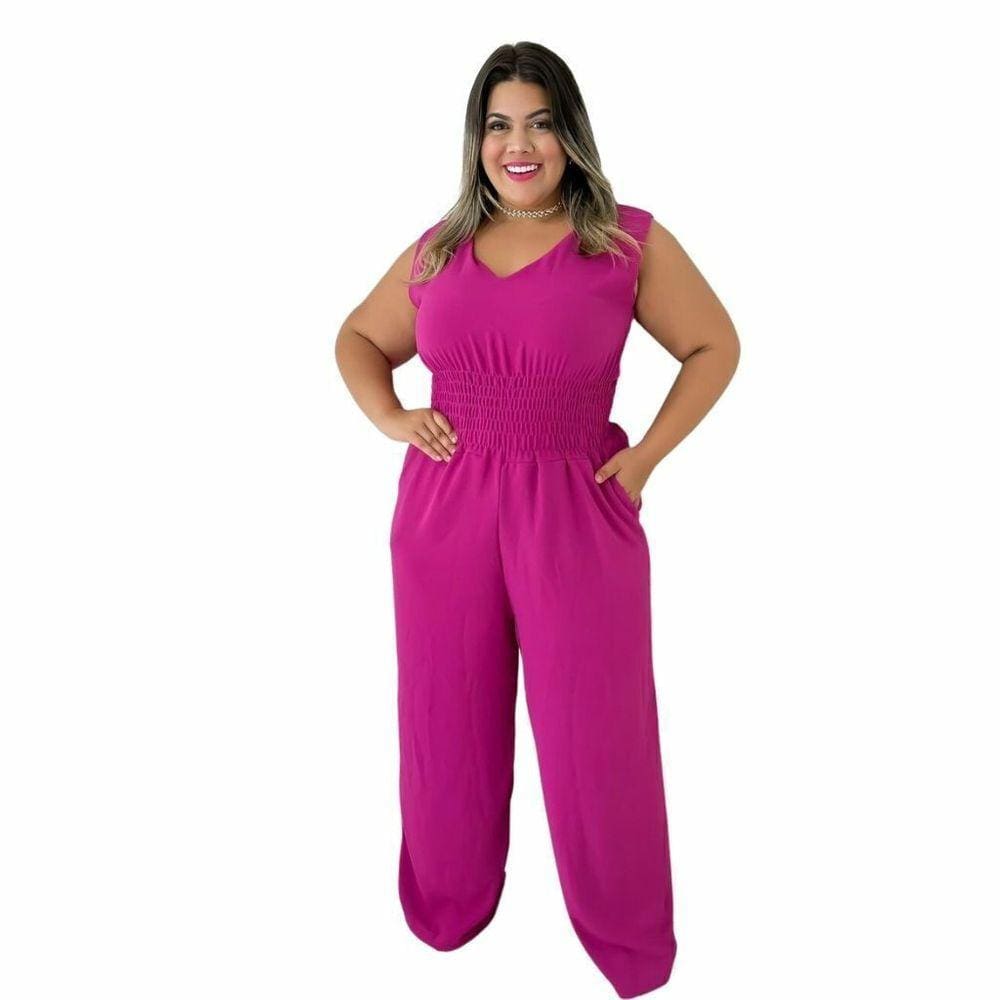 Macacão Longo Plus Size Feminino Com Lastec na Cintura Bolso