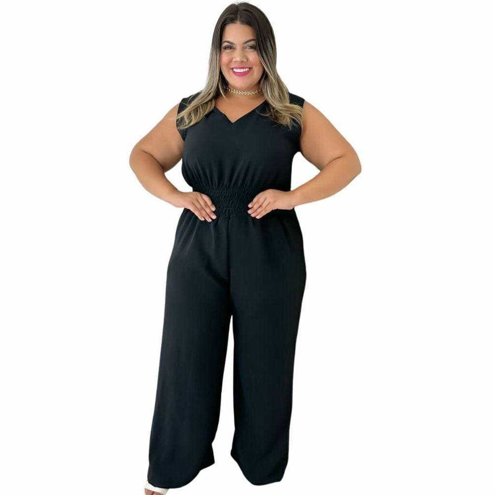 Macacão Longo Plus Size Feminino Com Lastec na Cintura Bolso
