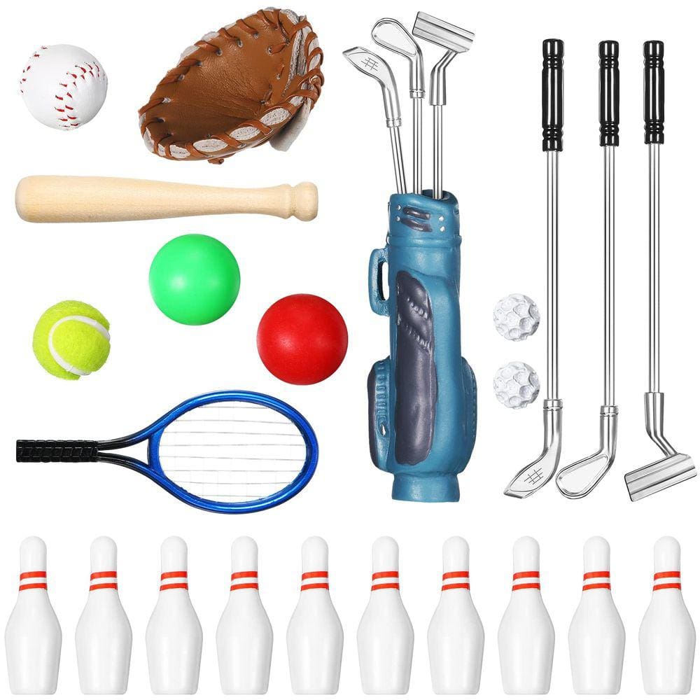 Conjunto esportivo em miniatura Dollhouse Skylety de 23 peças com golfe, bolsa