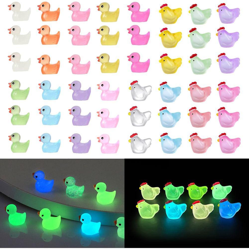 Mini estatuetas de resina de frango e patos, 100 unidades que brilham no escuro