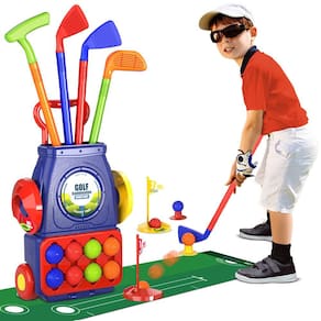 Conjunto de tacos de golfe QDRAGON Kids com 8 bolas, tapete de golfe e carrinho