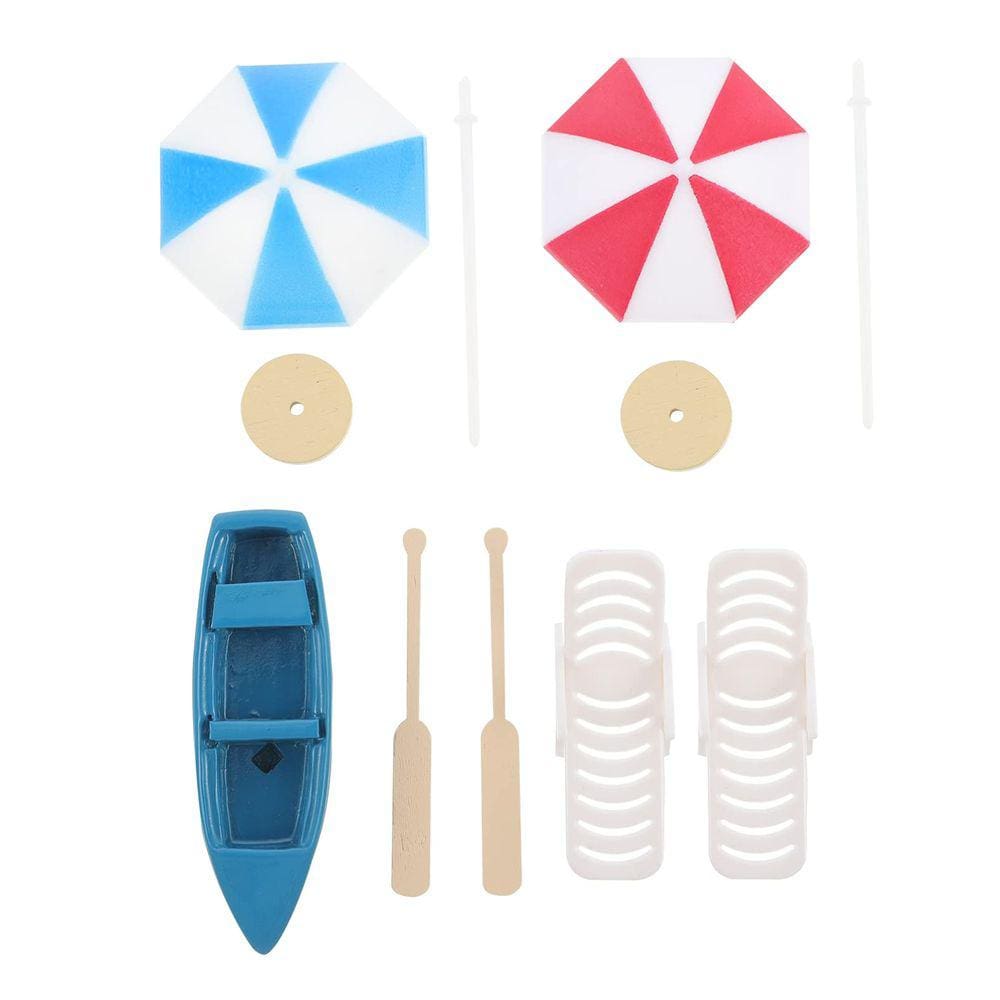 Conjunto de kits de ornamentos em miniatura: cadeira de praia, guarda-chuva, barco