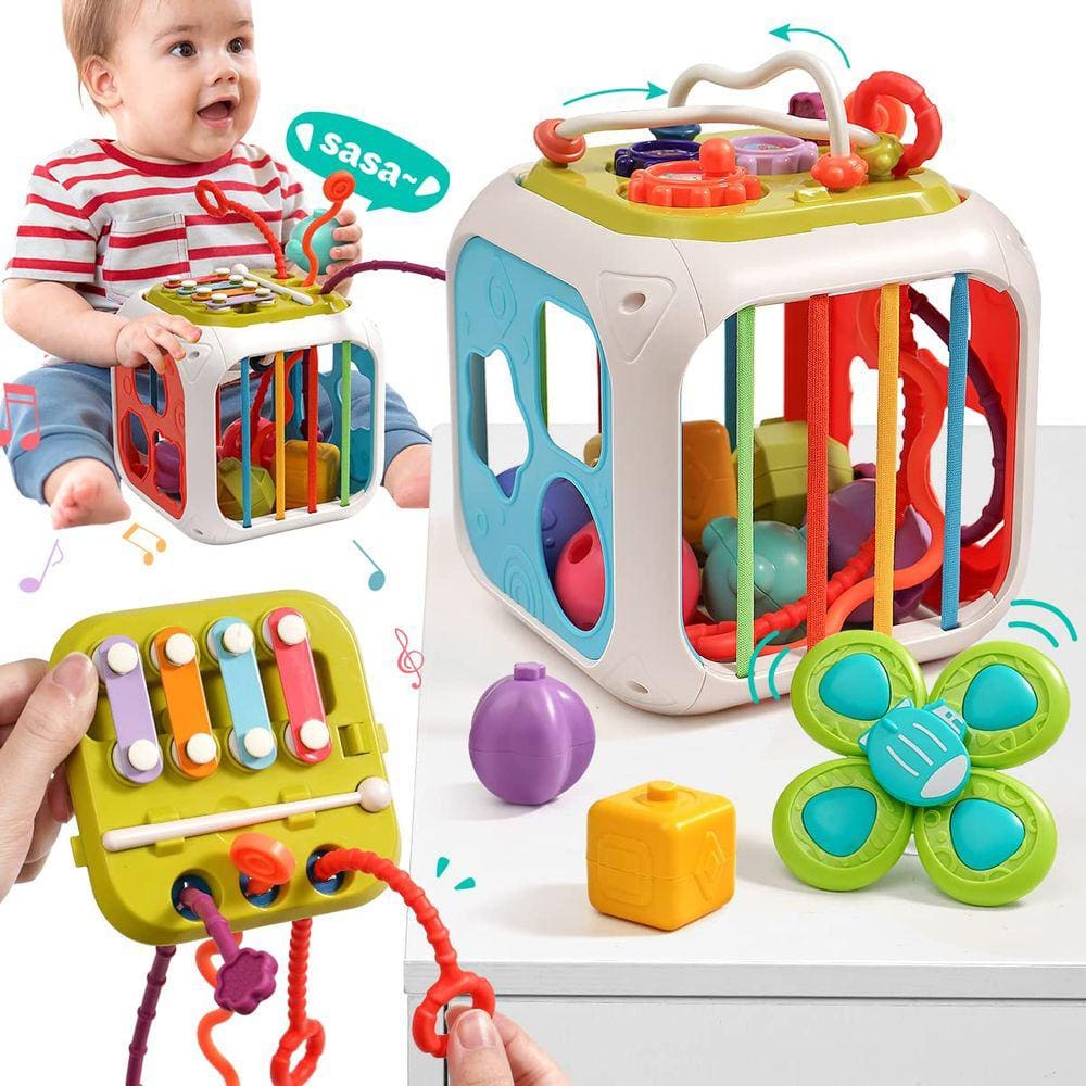 Brinquedo Sensory Bin Shape Sorter 8 em 1 Activity Cube taotaotoys