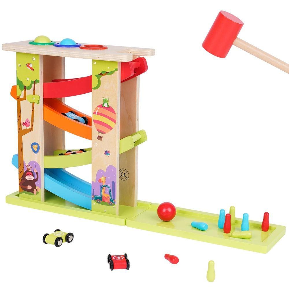 Brinquedo de corrida de rampa de carro de madeira Arkyomi 3 em 1 com 4 minicarros