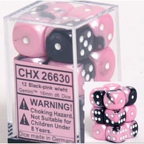 Conjunto de dados Chessex Gemini preto e rosa com branco 16 mm (12) d6