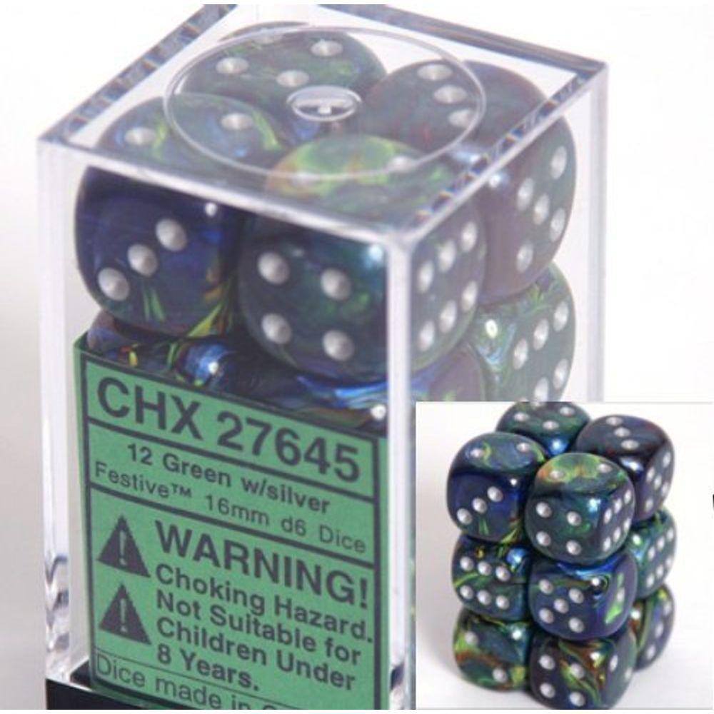 Conjunto de dados Chessex Festive Green com prata 16 mm d6 (12)