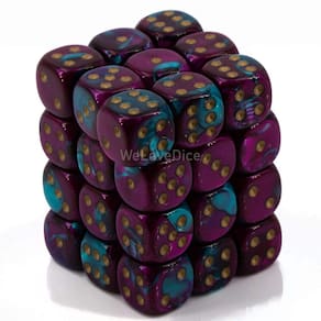 Conjunto de dados Chessex Gemini roxo e azul-petróleo com ouro D6 12 mm (36)