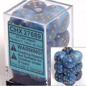 Conjunto de dados Chessex Teal com ouro 16 mm d6 (12) com estojo
