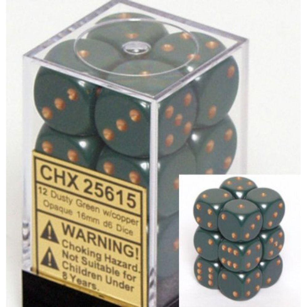 Conjunto de dados Chessex Opaque Dusty Green com cobre 16 mm D6 (12)