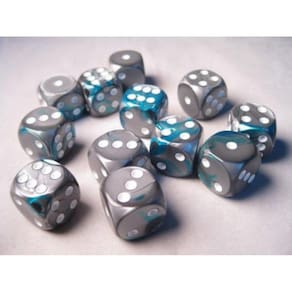 Conjunto de dados Chessex Gemini Steel & Teal com branco 16 mm D6 (12)