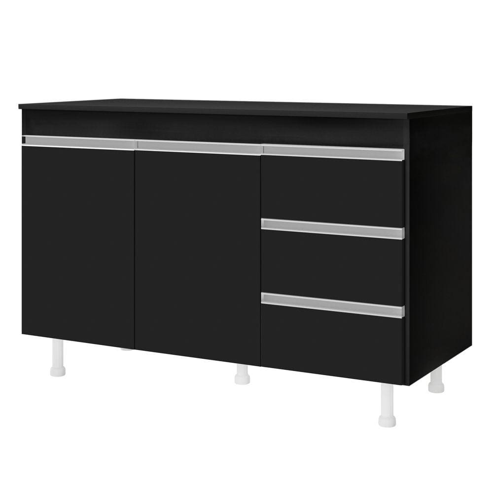 Balcão Gabinete Cozinha Lux 120cm 100% MDF Com Tampo 02 Portas e 03 Gavetas Preto - Desk Design