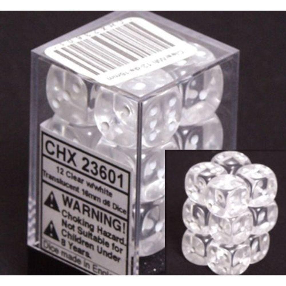 Conjunto de dados Chessex Clear Translucent 16 mm d6 (12 peças)