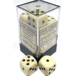Conjunto de dados Chessex Opaque Ivory com preto 16 mm D6 (12) com caixa