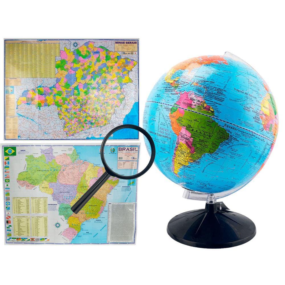 Kit Globo Terrestre Profissional Studio 30cm + Lupa + Mapa do Brasil + Mapa de Minas Edição Atualizada Escolar