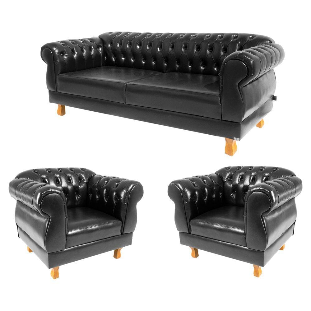 1 Sofá 2,00cm + 2 Poltronas Chesterfield Elisabeth Corano Preto