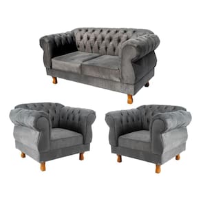 1 Sofá 1,80cm + 2 Poltronas Chesterfield Elisabeth Suede Cinza