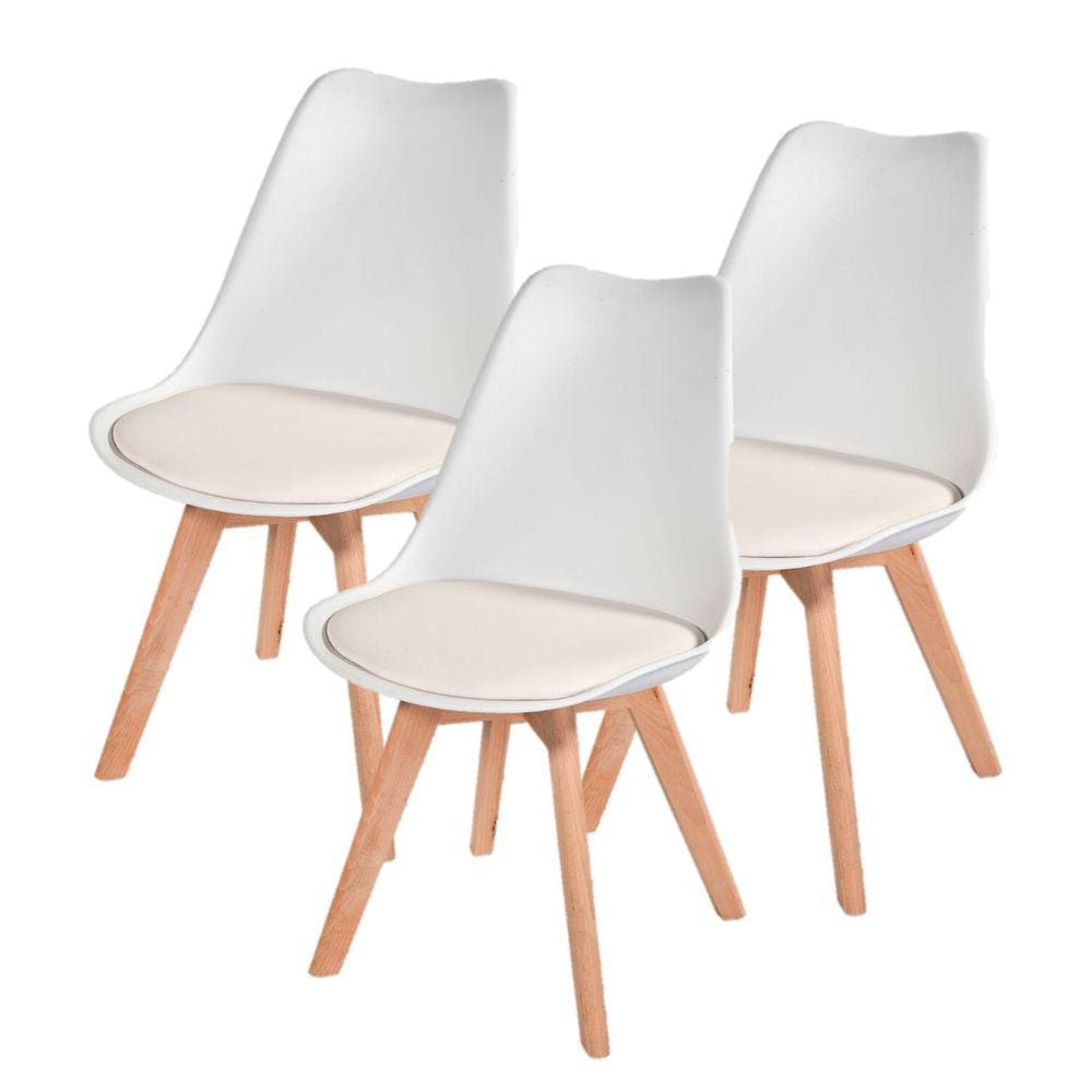 Kit com 3 Cadeiras Leda Branca - Charles Eames Wood com Almofada