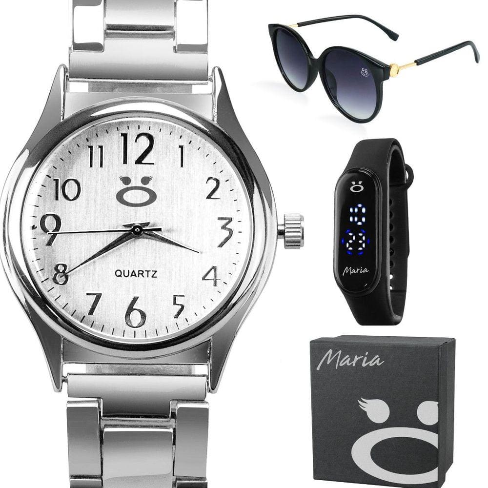 Relogio feminino aço inox prata premium + oculos sol + caixa casual delicado social moda