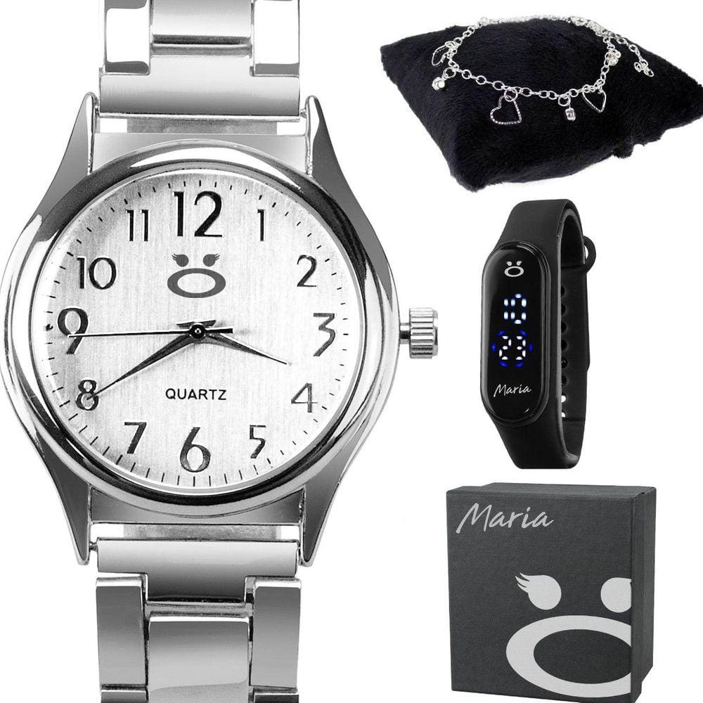 Relogio feminino prata premium aço ou relogio feminino aço inox + caixa + pulseira qualidade moda