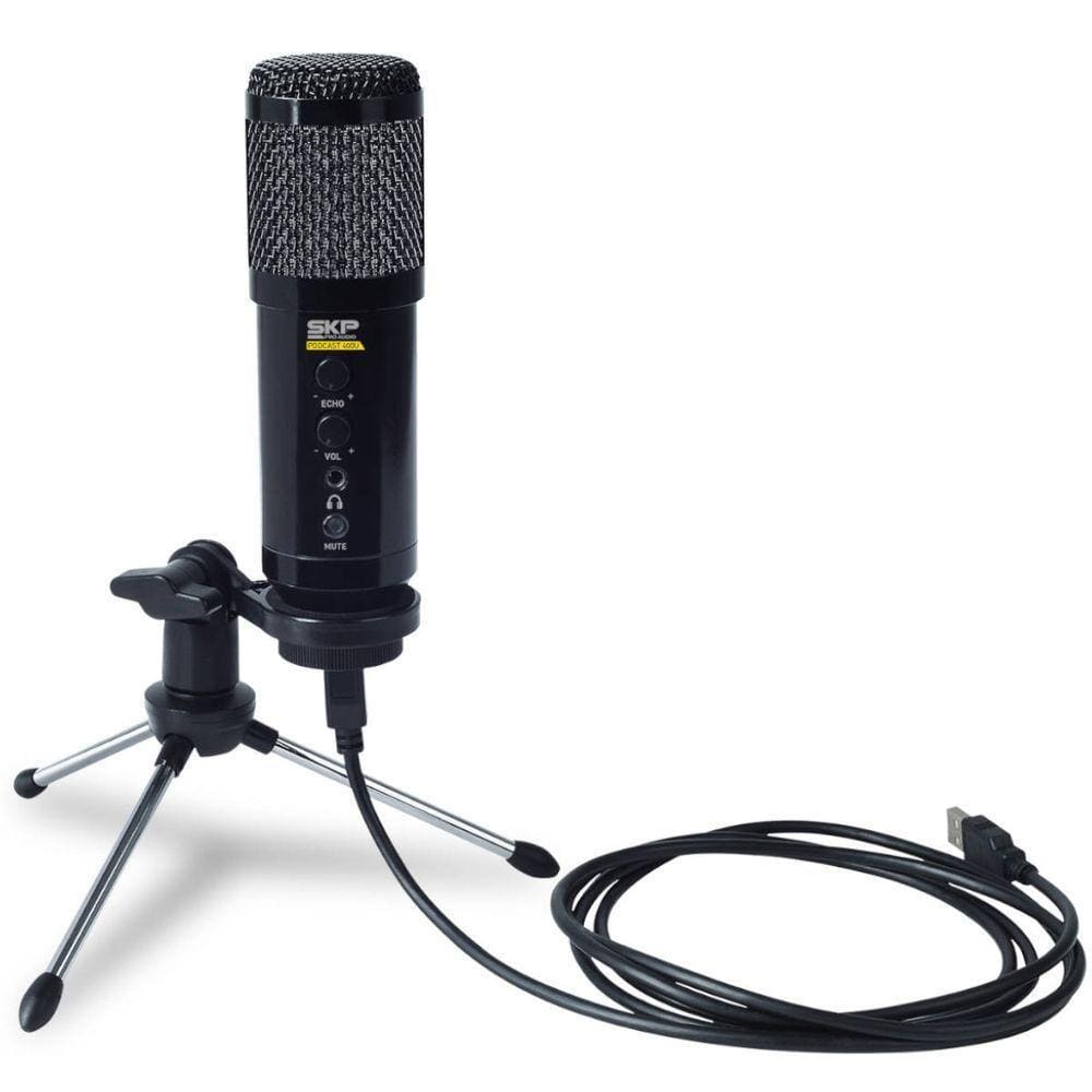 Microfone Com Cabo Usb Condenser Com Tripe Podcast 400U Preto