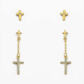 Dupla Brinco Cruz Cravejado Com Zircônia Banhado A Ouro 18k