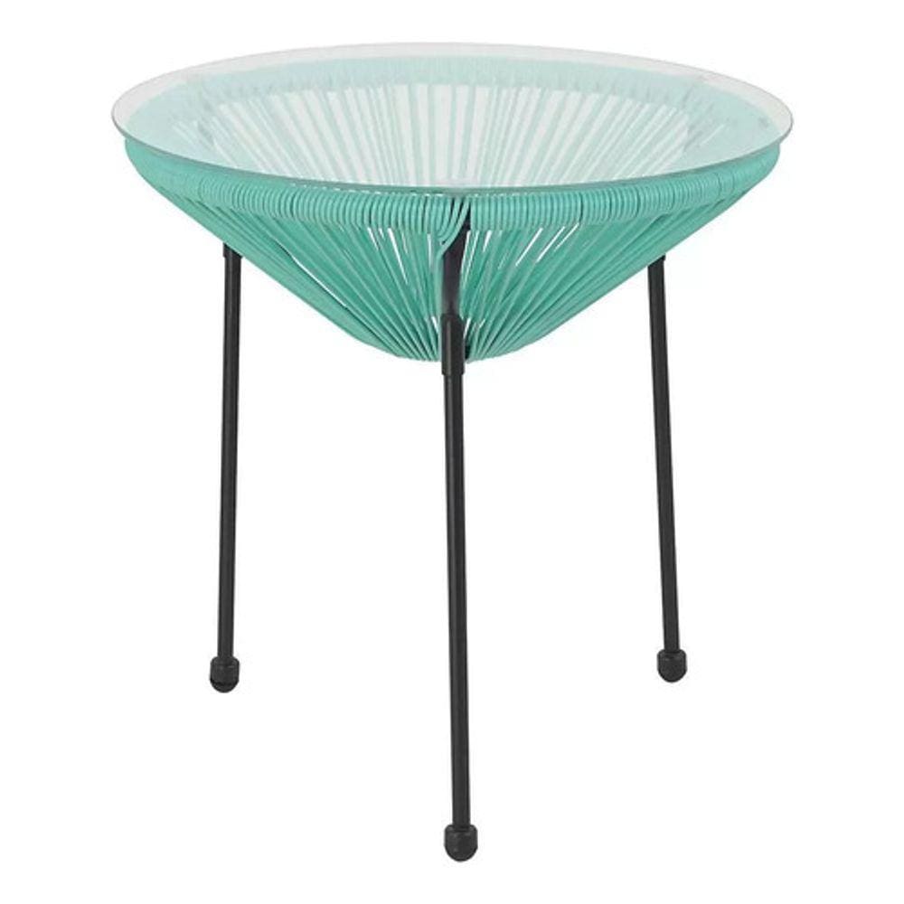 Mesa Redonda Aço Vidro 50x50cm Rattan Azul - Home Deluxe