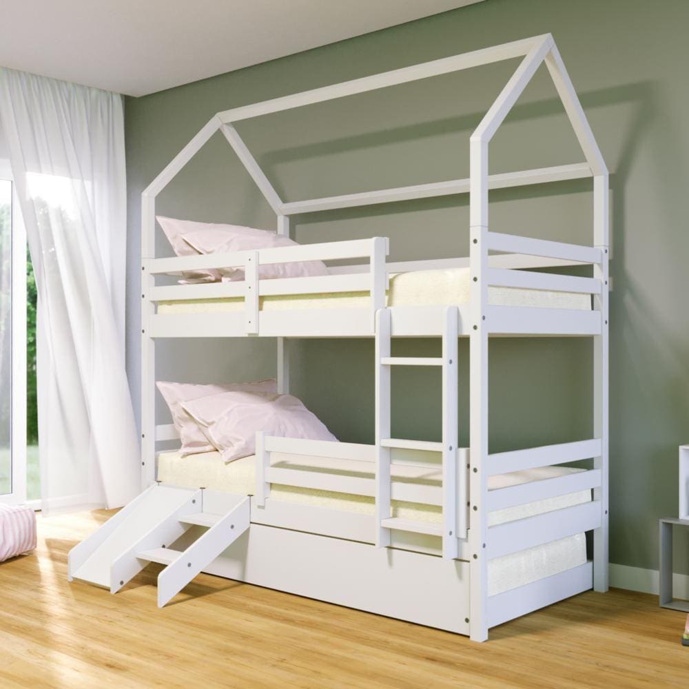 Treliche Casinha Solteiro Slim RB com Kit Escada/Escorregador e Grade de Proteção Madeira Maciça Branco Housin