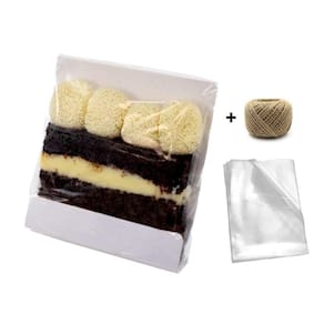 Kit 50 Slice Cake Embalagem p/ fatia de Bolo c/ Celofane + Fio de juta Branco 12x12cm