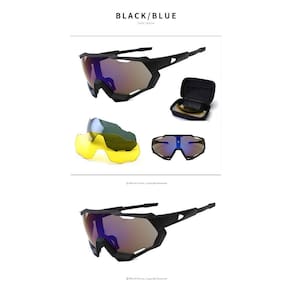 Conjunto de óculos de ciclismo para homens, lentes azuis e pretas