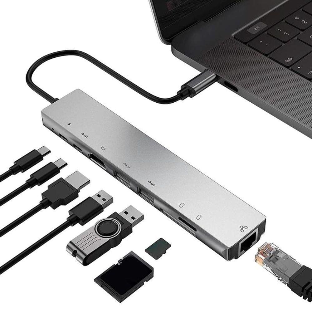 8 em 1 HUB Tipo C para HDMI USB3.0 RJ45 10/100M LAN PD Adapte