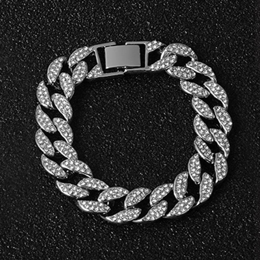 Pulseira HIP Cuban Chain Strass para homens, 20 cm de ouro/prata