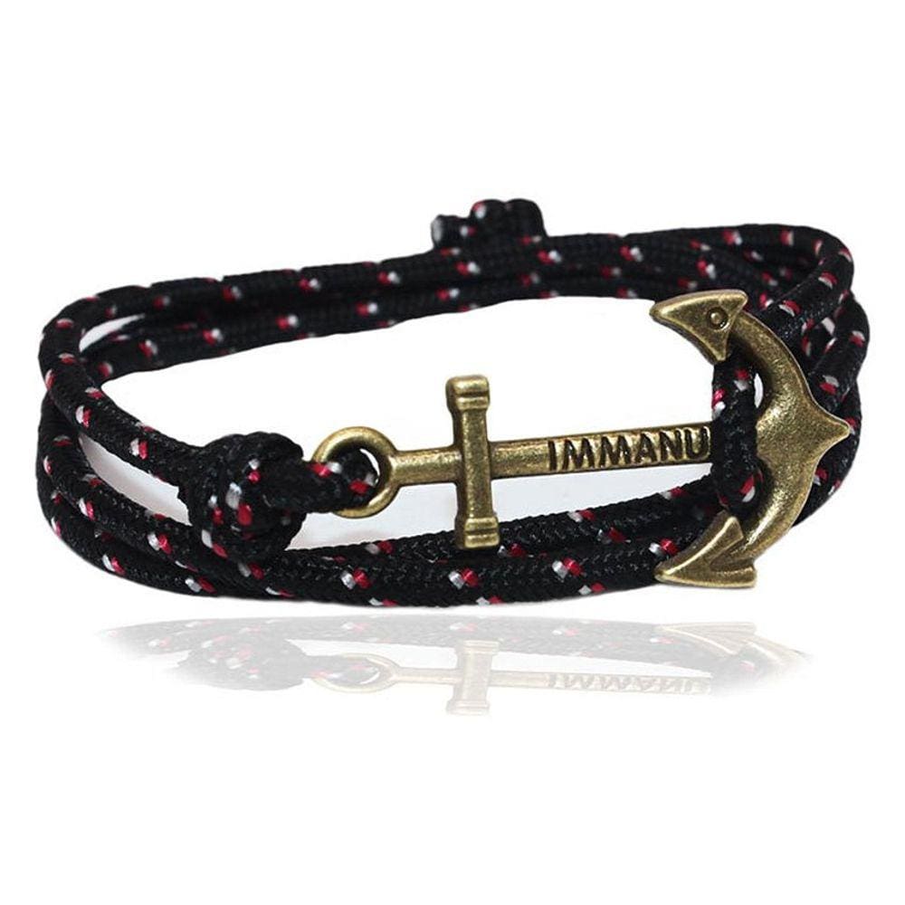 Pulseira de couro artesanal Anchor preta+vermelha para adulto