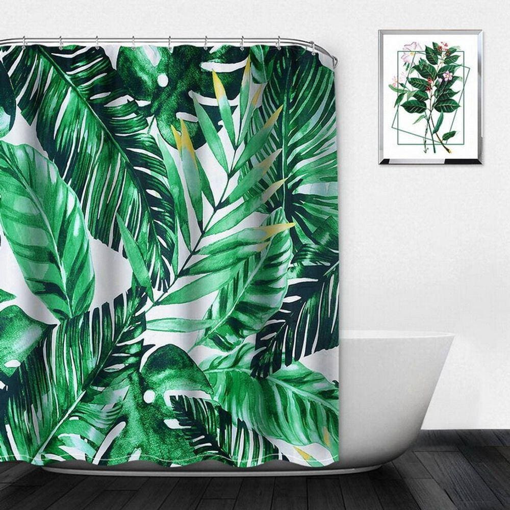 Cortina de chuveiro de impressão de folha verde, Patter de planta l moderna