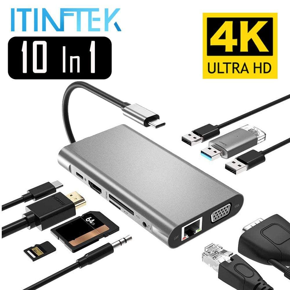 Hub com USB 3.0 Tipo C HDMI 4K VGA RJ45 Lan Ethernet SD TF