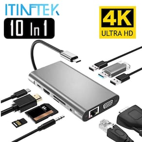Hub com USB 3.0 Tipo C HDMI 4K VGA RJ45 Lan Ethernet SD TF