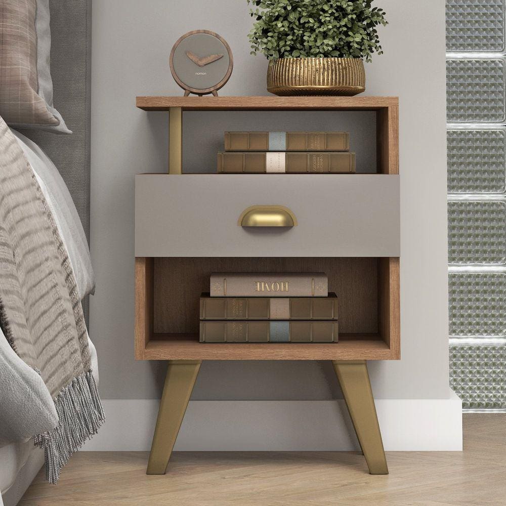 Mesa de Cabeceira 39cm x 59cm 1 Gaveta Mel/Cinza