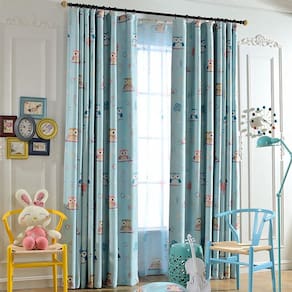 Cortina com padrão de coruja, 100x250cm, poliéster, 1 peça, verde claro, azul