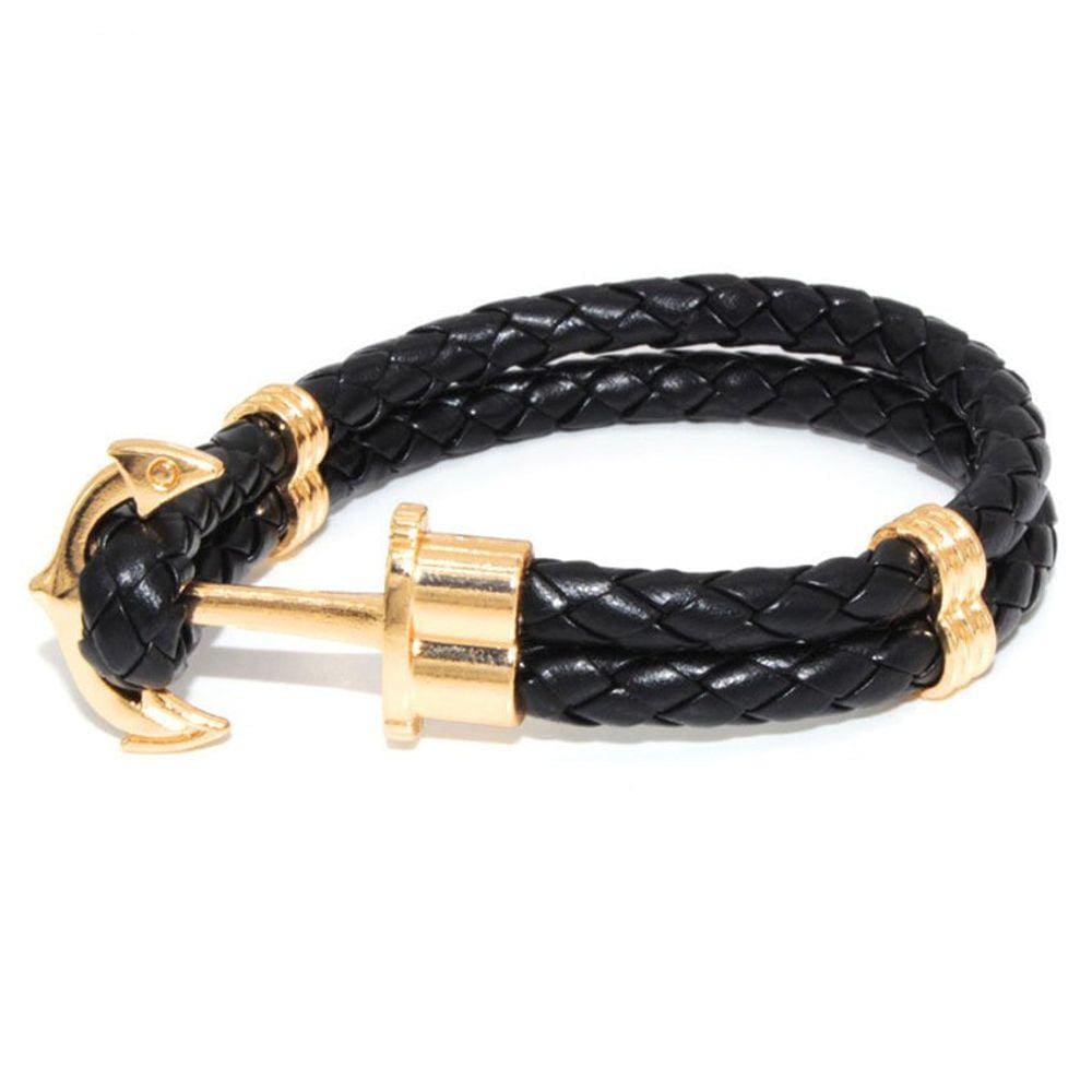Pulseira de couro trançado retrô Boat Anchor 3 peças - preta
