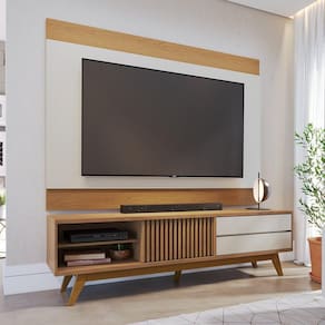 Rack Bancada Veneza com Painel Nilo P/ Tvs até 75 Polegadas 02 Gavetas 01 Porta Deslizante Off White Matte / Freijó