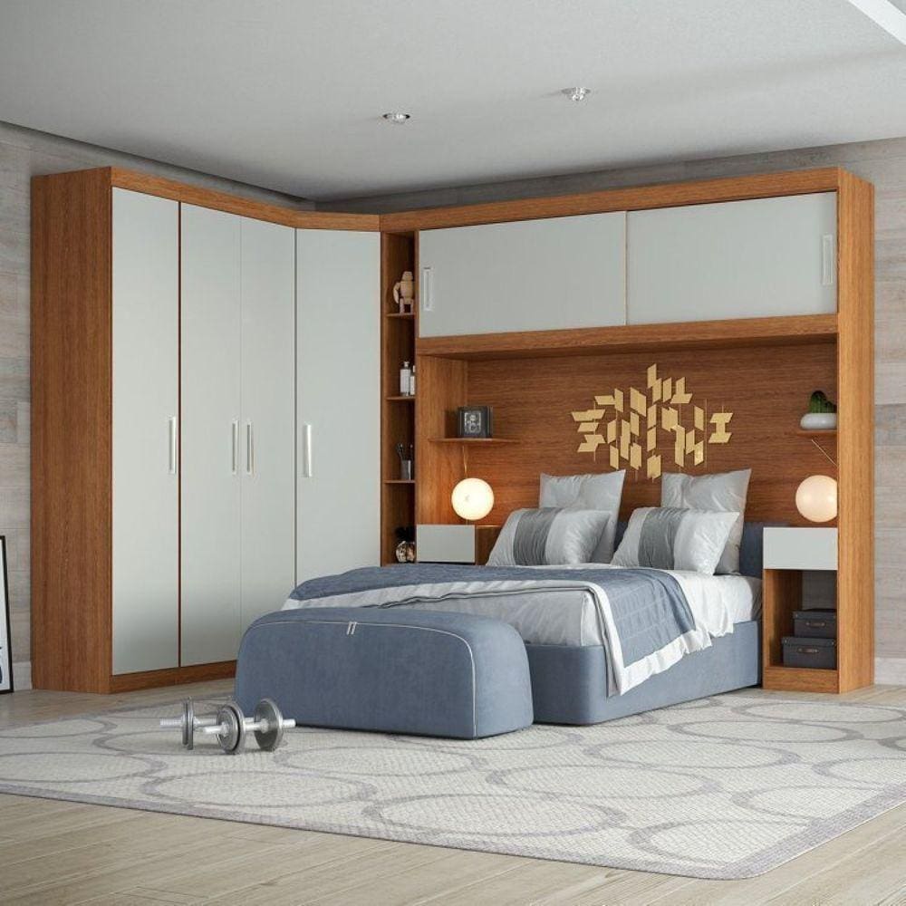 Conjunto para Quarto com Guarda Roupa Modular Gênova Plus Freijó Wood/Off-White