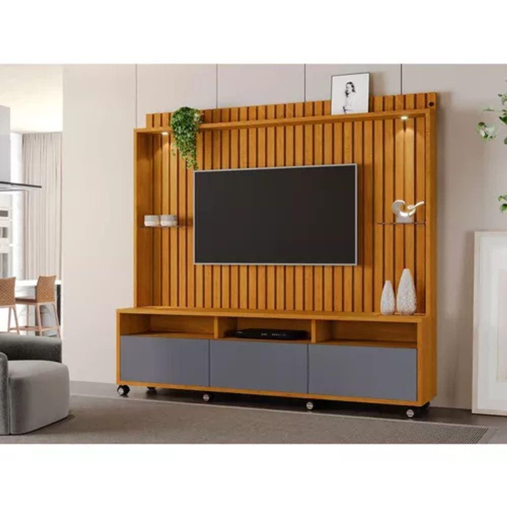 Estante Home Ripado Para Tv Até 65 Polegadas -3 Gavetas e Nicho com Leds -Rodizio -Carmolar -NATURALE/CHUMBO