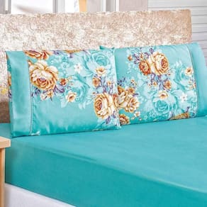 Jogo De Lençol Real Queen 3 Peças Micropercal 200 Fios Ponto Palito Estampado - Azul Floral Jasmine