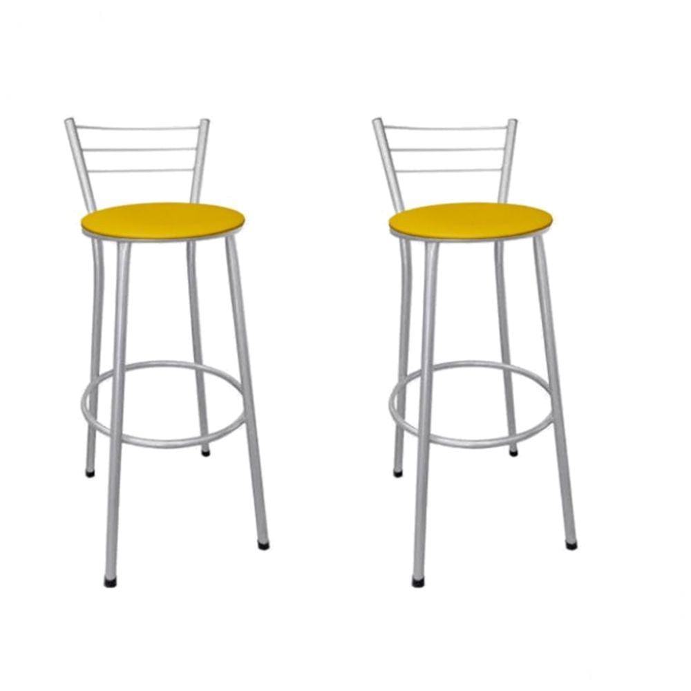 Kit 2 Banquetas Médias Prata com Encosto Assento Amarelo