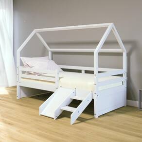 Cama Casinha Slim RB com Kit Escada/ Escorregador e Grade de Proteção Branco Housin
